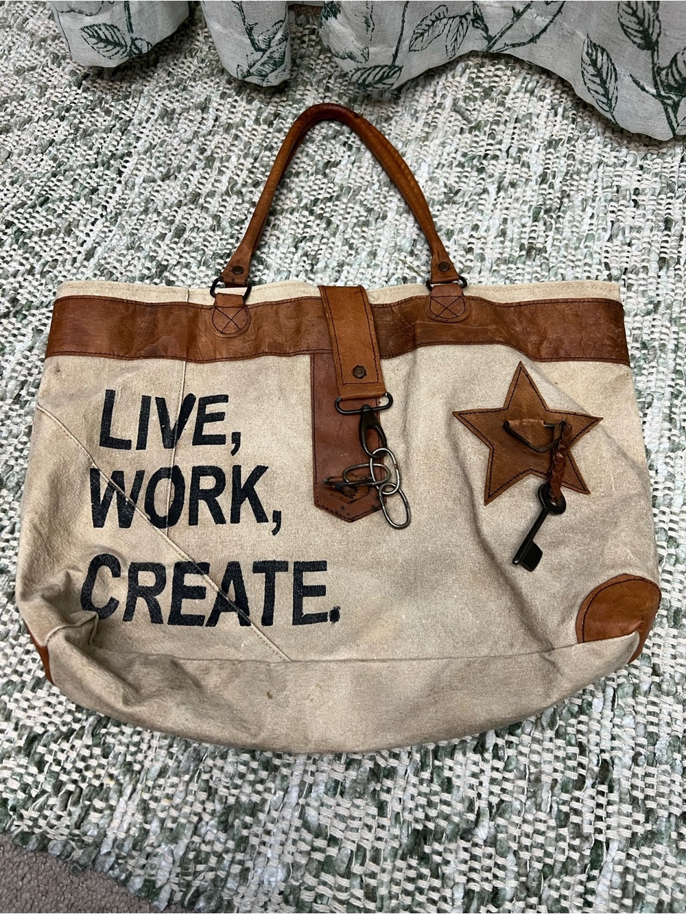 Boho Style Canvas Tote Bag with Leather Trim - "LIVE, WORK, CREATE."